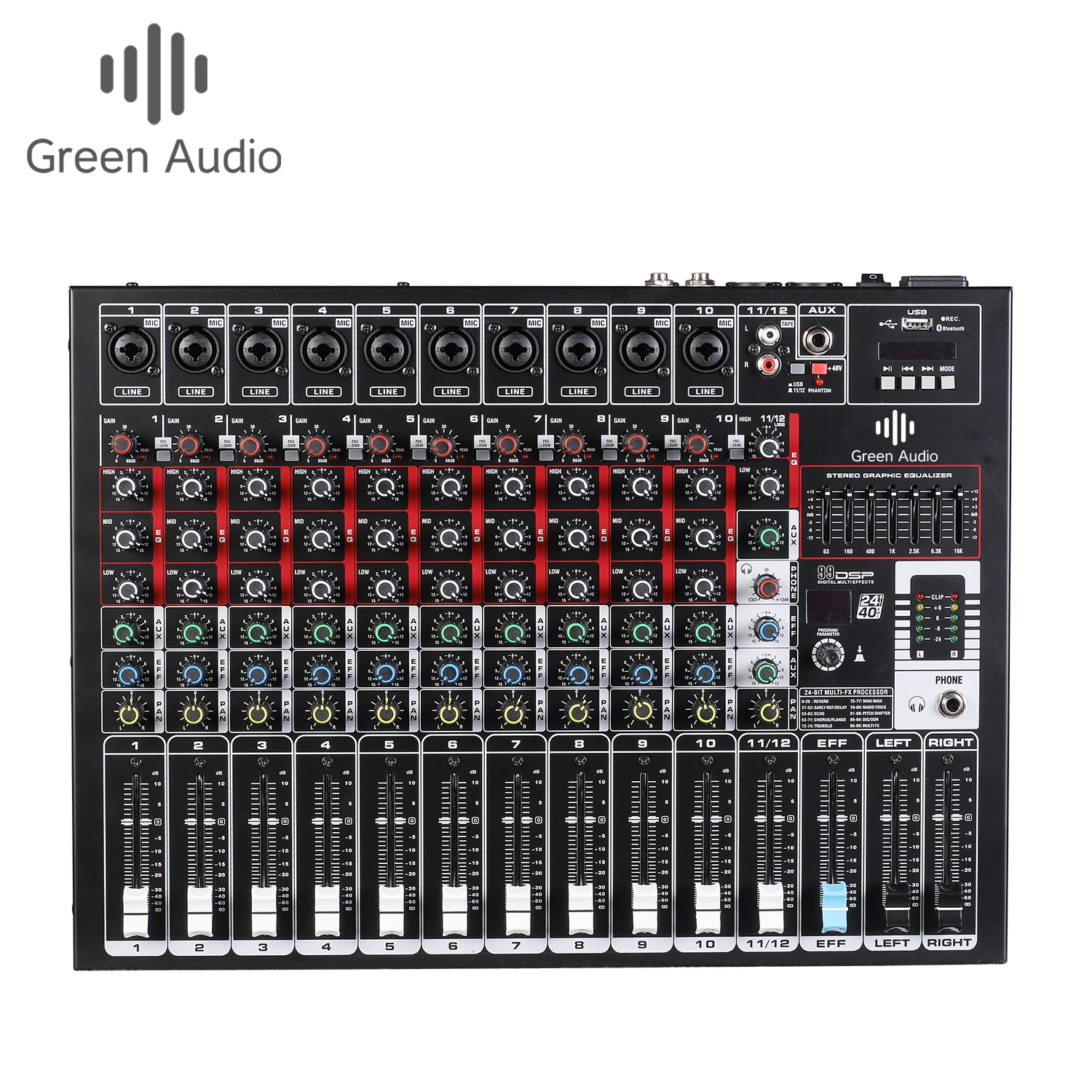 

GAX-GB12 New Design 12-channel DJ Mixer 99 Kinds of DSP Effect with Dual 7 Bands EQ Main Output Audio Mixer for DJ Stage