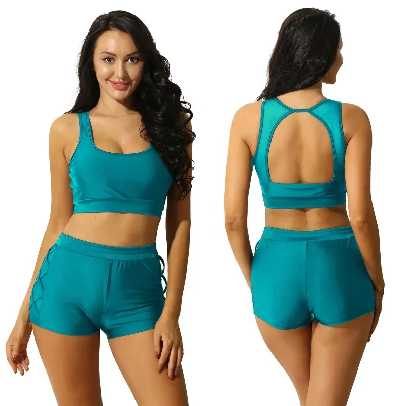 

Womens Sporty Bikini Swim Tops With Boyshorts Bottoms Two Piece Bathing Suits
