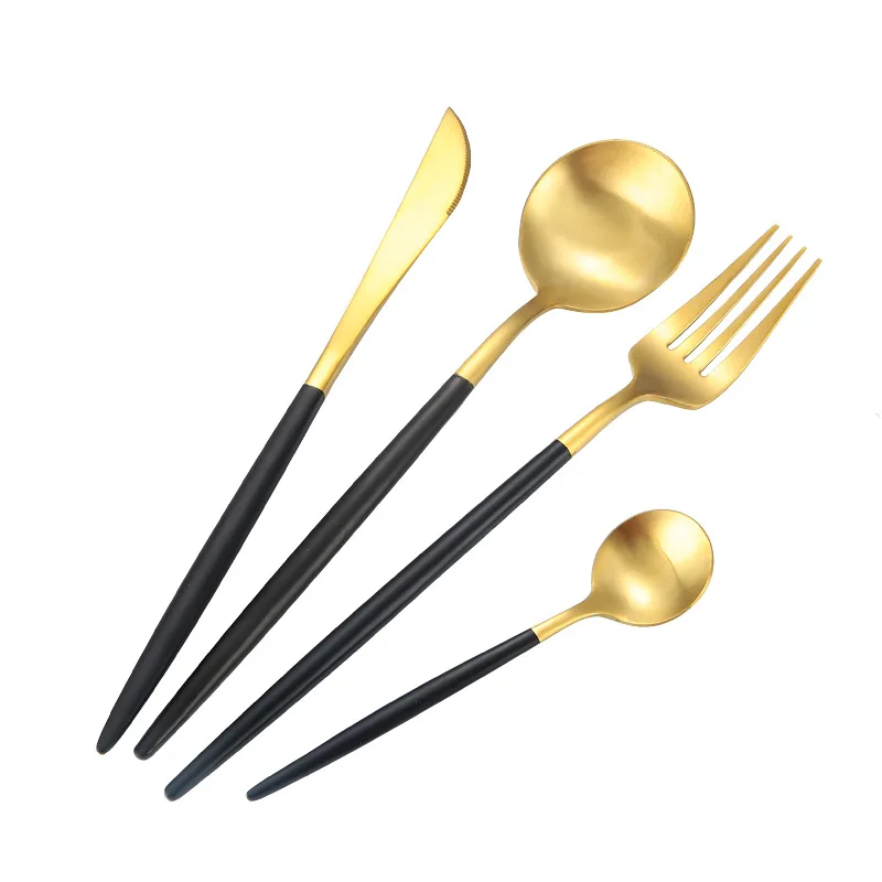 

Portuguese Style PVD Coating Black Handle Ecological Gold Plated Stainless Steel 18/10 Cutlery, Gold and black
