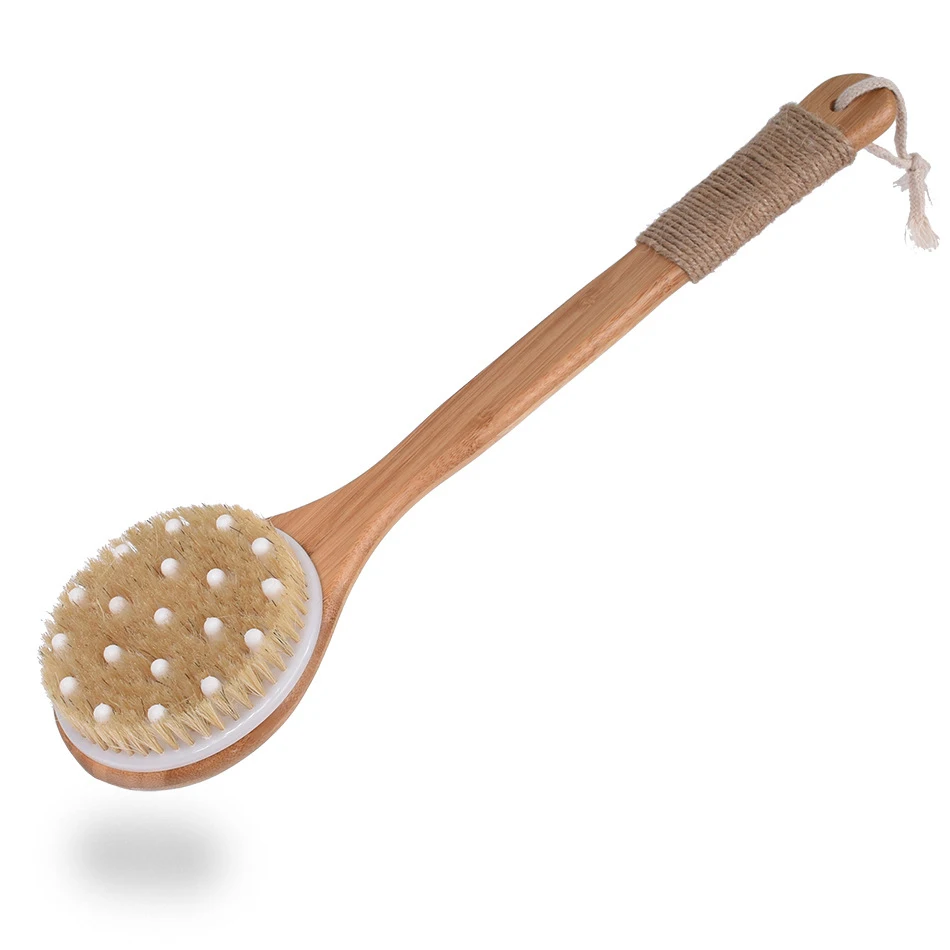 

Private Label Dry Bath Body Brush Scrubber Anti-slip Long Wooden Handle 100% Natural Bristles Body Massage for Exfoliating