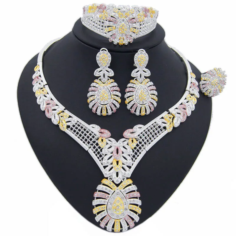 

Dubai Gold Jewelry Sets Wedding African Beads Crystal Bridal Jewellery Set Rhinestone Jewelry, Silver/gold