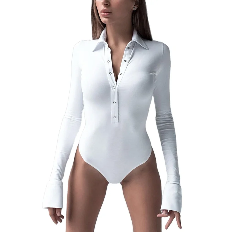 

2021 Hot Sale Fall New Arrival Bodysuit For Women Sheer Button Turn Down Collar long-sleeved one-piece Black and White Bodysuit, White, black, brown