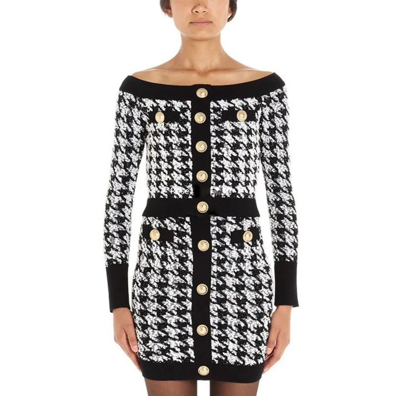 

Newest 2019 Designer tweed houndstooth fancy Women's suit Blazer jacket with skirt