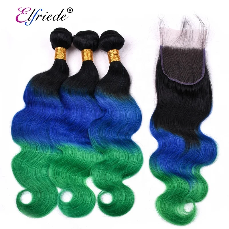 

#T 1B/Blue/Green Body Wave Ombre Hair Bundles with Lace Closure 4"x4" Brazilian Remy Human Hair Wefts with Closure JCXT-91