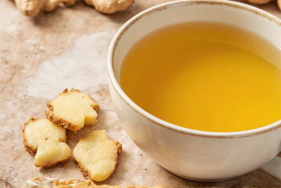 Close-up of fresh ginger root pieces next to brewed ginger tea in clear glass mug showing golden color