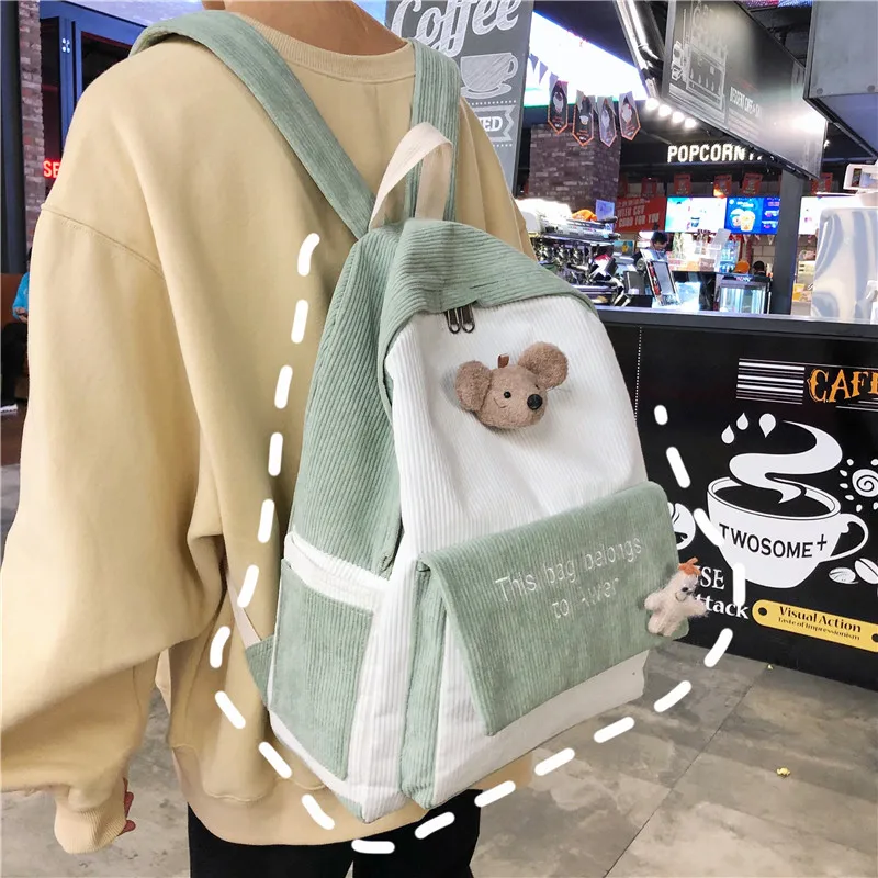 product-GF bags-mochilas CuteStripe Female Corduroy Backpack Women Letter Embroidery School Bag Girl-1