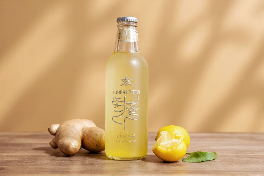 Clear bottle of ginger zero beverage next to fresh ginger root