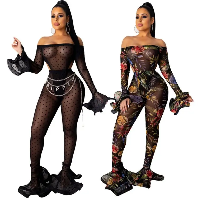 

9S03914 high quality floral print sexy perspective flared bodysuit Ladies Set Women Clothing Woman Fashion Two Piece