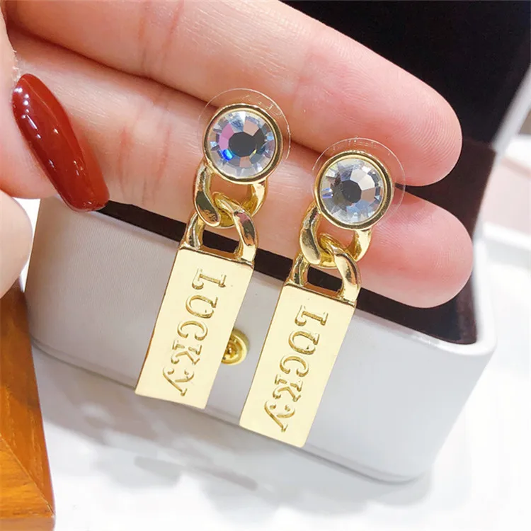 

Ins Trendy Real Gold Plated Round Zircon Rectangle Drop Earring Sterling Silver Post Engraved Lucky Dangle Earrings