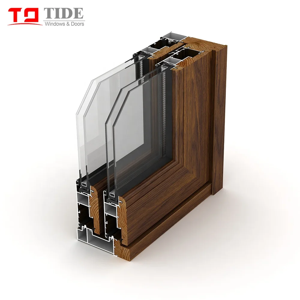 Double track door aluminum timber Teak wood sliding glass door with internal blinds