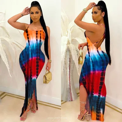 

New Trendy - 2021 Sexy Tie Dye Criss Cross Backless Sleeveless Slit Maxi Dress Slim Fitted Ladies Summer Dresses, Blue