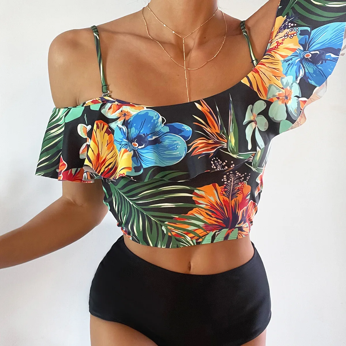 

American hot sell new one-shoulder high waist bikini with flounces split piece sexy push up bikini swimsuit tankini