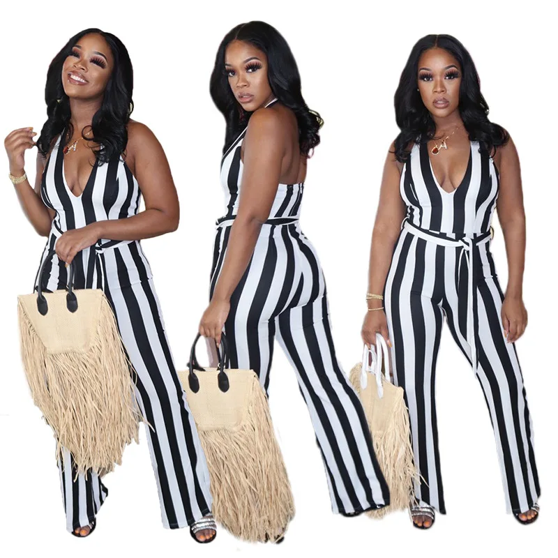 

D 2021 spring and summer fashion casual colorful striped print bandage sexy slim jumpsuit
