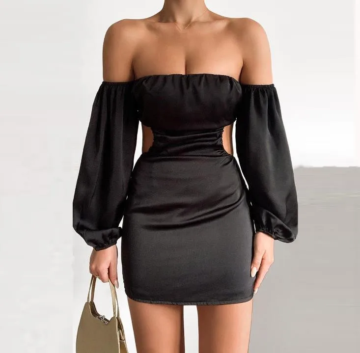

zm11857f Amazon new fashion sexy strapless dress women slim long sleeve dresses