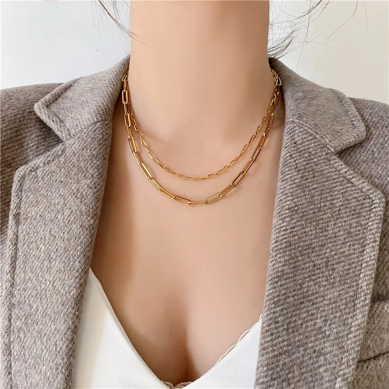 

Women 18k Gold Plated Paper Clip Chain Necklace Bracelet Paperclip Choker Necklaces Rectangle Long Link Necklace, As shown