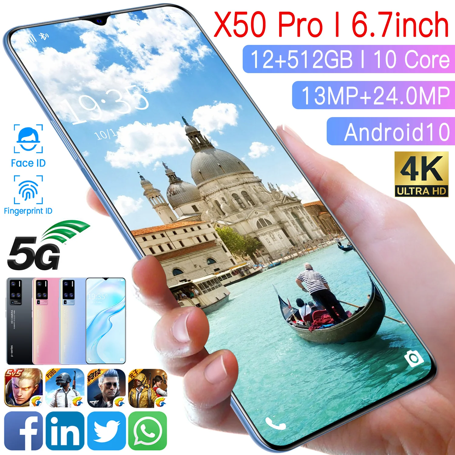 

X50 Pro 12GB+512GB 13MP+24MP Big Screen 6.7 inch Super dart Charge NFC cellphone Smartphone 4G Phone