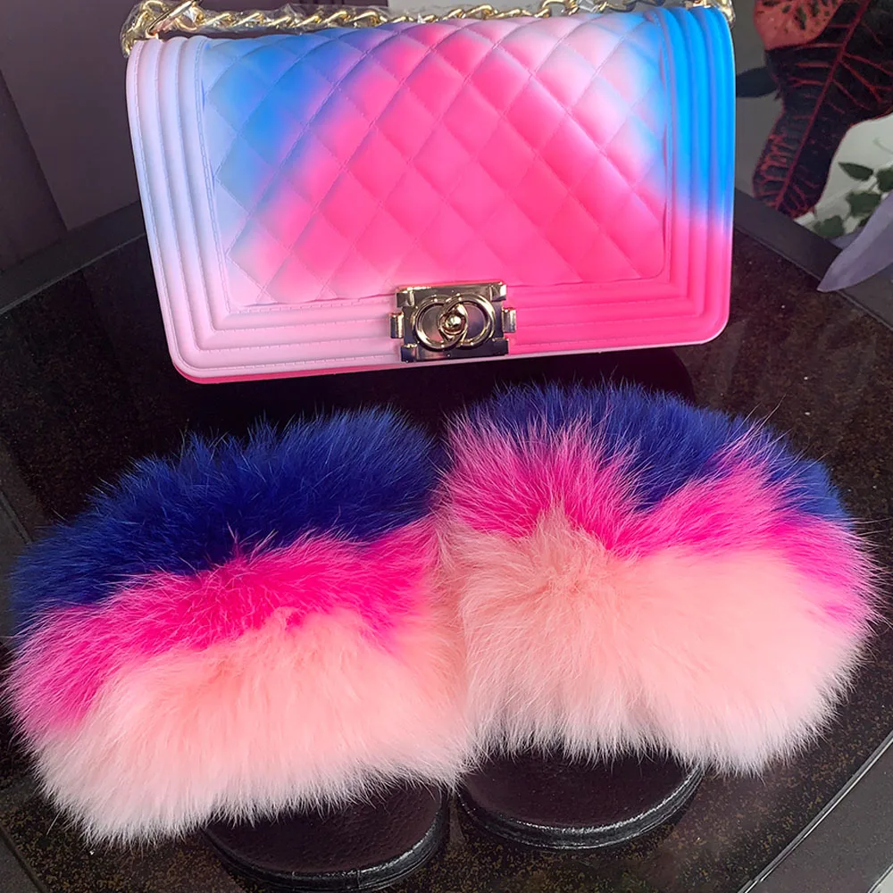 

2021 Wholesale Fur Slippers Handbags Set Women's Sandals Fluffy Casual Shoes Fur Slides And Matching Purse, As picture show or customized