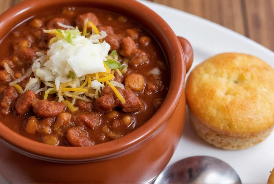 Authentic Texas-style chili served in a ceramic bowl with side of cornbread at The Cookery in Port Chester