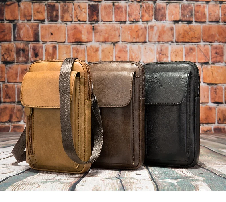 

Retro Genuine Leather Small Bag Fashion Men's Shoulder Bag Multifunctional Wear Belt 6.5 Inch Mobile Hone Pocket Bag