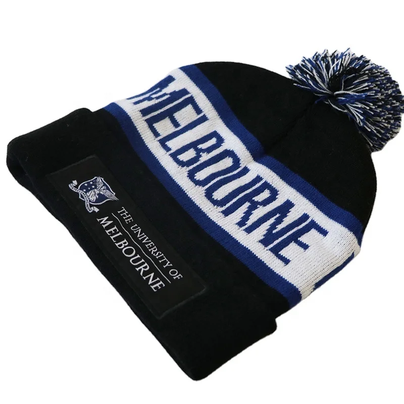 Manufacture Fashion Sports Adult Jacquard Beanie Embroidery Toque Sport Pom Pom Knitted Custom logo Winter Beanie Hat With Tag