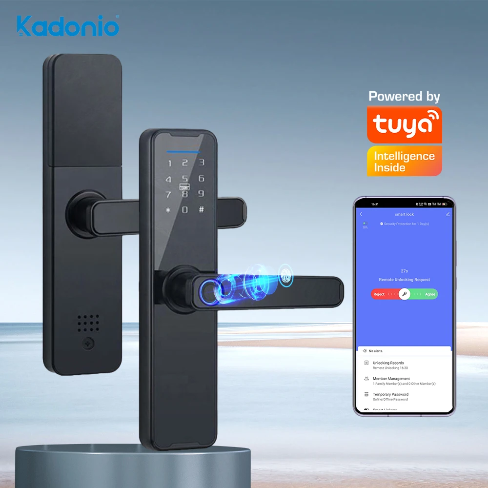 

Kadonio Biometric Fingerprint Digital Keypad Security Keyless Tuya Smart Door Lock For Apartment Hotel