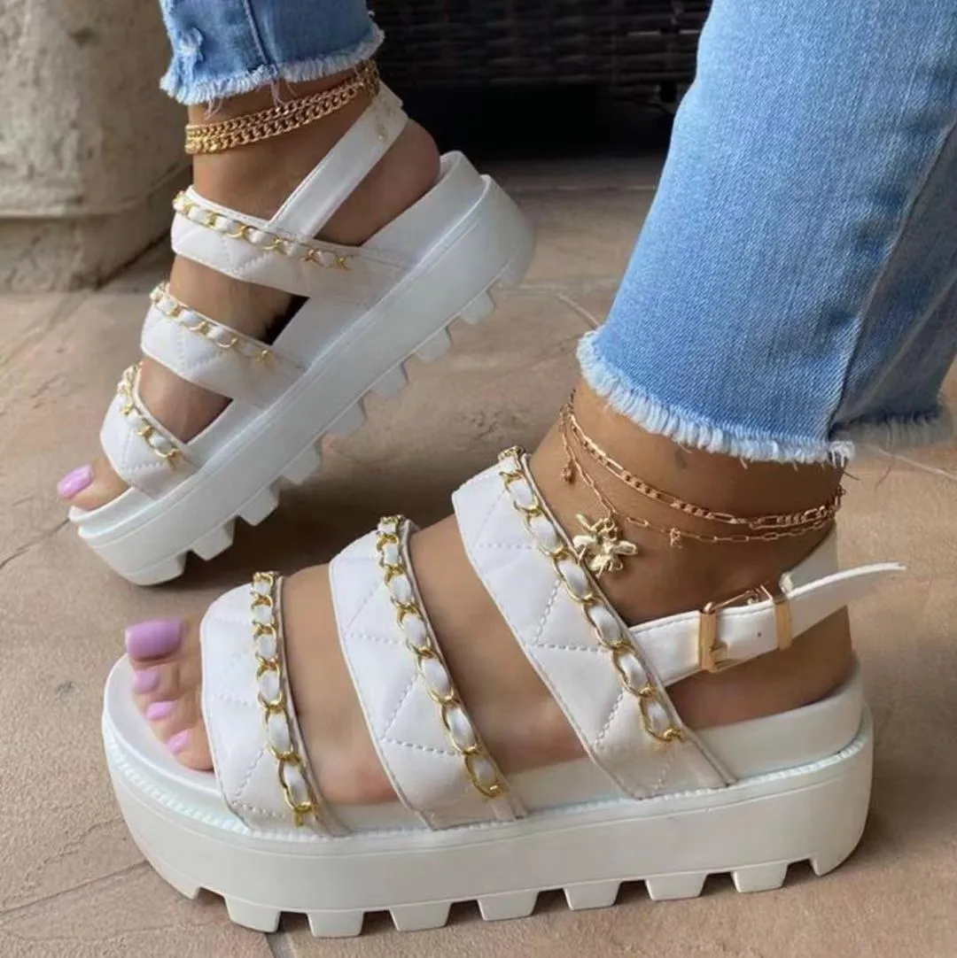 

Factory direct sale Supplier Metal Cufflinks Roman Women Platform Causal Sandals Thick Soled ladies PU Shoes, Three as pictures showed