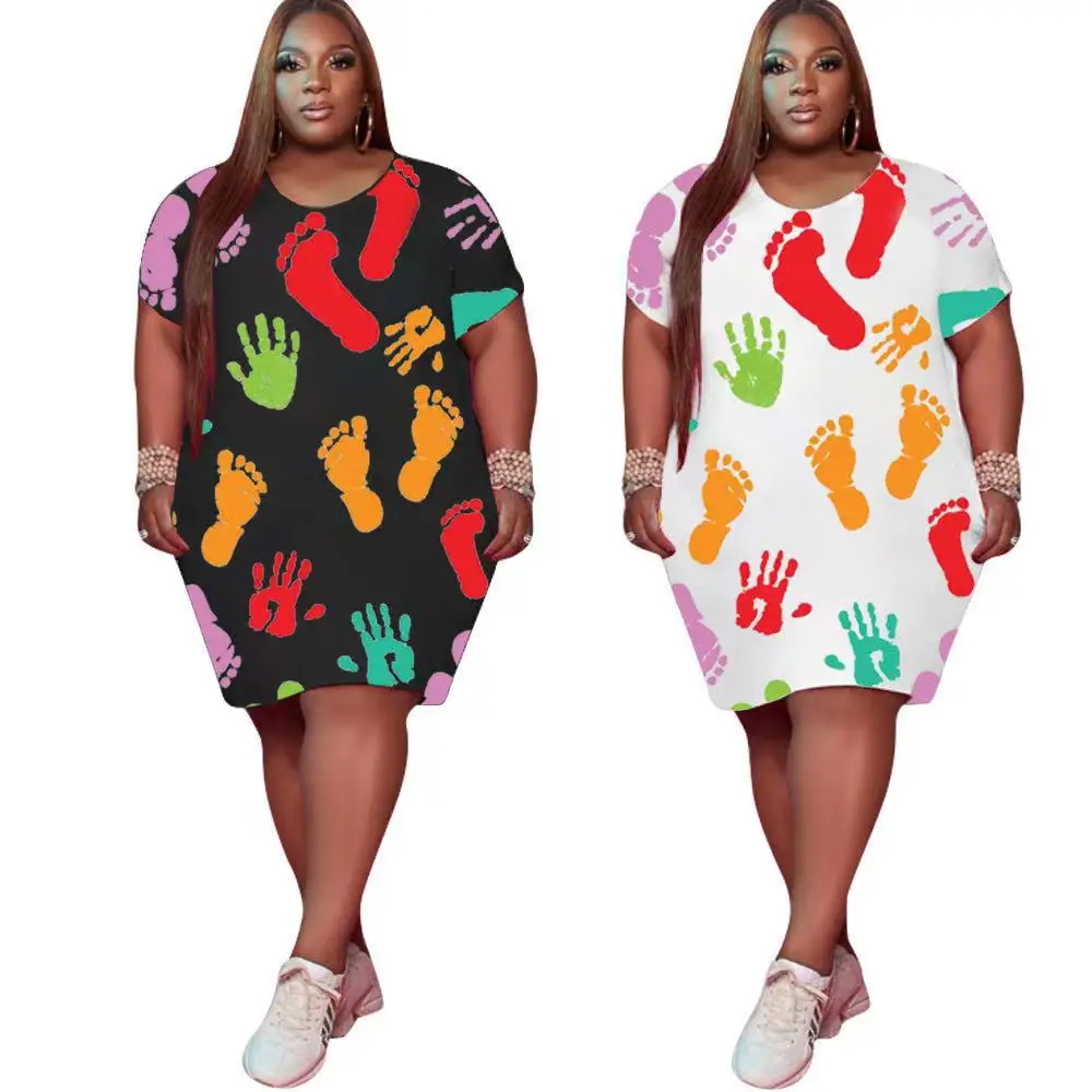 

YH-6017 2021 Summer Plus Size Women'S Fashion Cute Digital Printing Loose Plus Size Dress, Black white