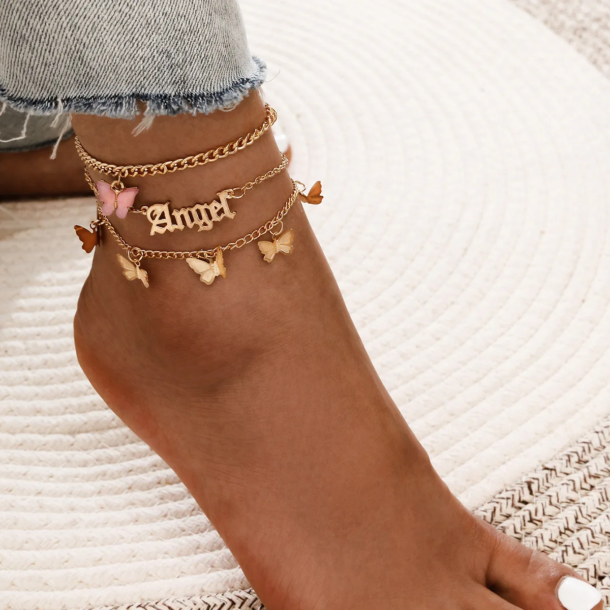 

Hot selling summer acrylic women angel gold letter pendant tassel 3pcs sets butterfly anklet, Picture shows