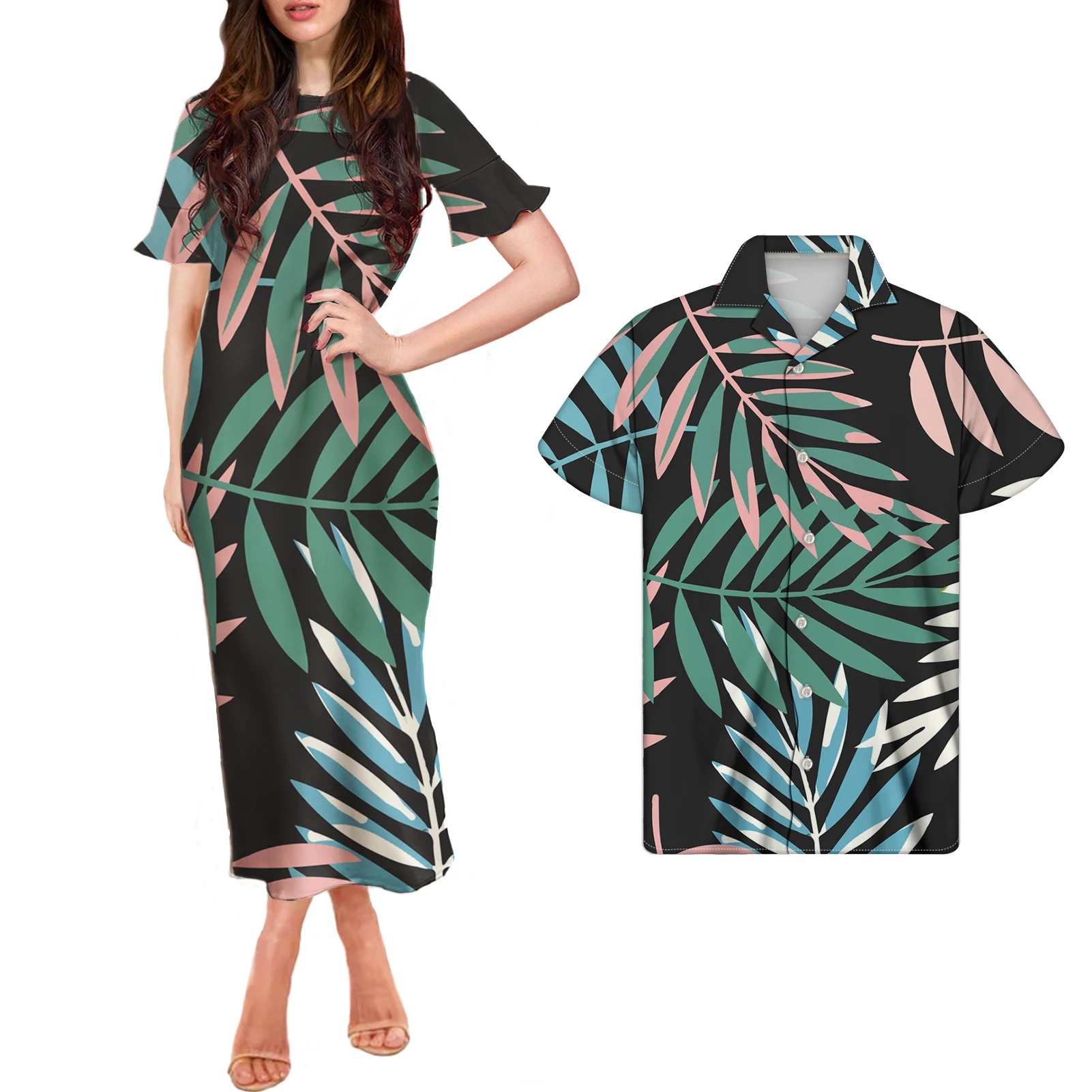 

Unique Leaves Print Couple Set Clothing Stylish Beach Dress Summer Long Printing Maxi O-Neck Dress Custom With Logo, Customized color