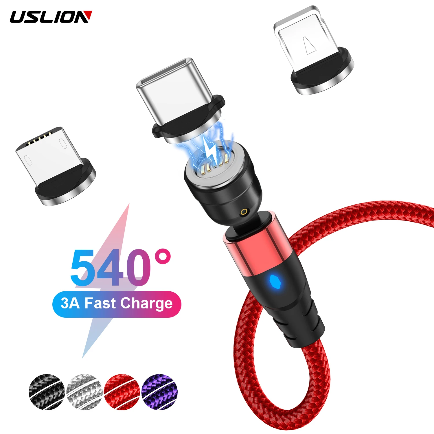 

USLION OEM 540 Magnetic Cable Cell Phone Accessories Cable USB Rotating Data Cable FOR iphone type c android micro usb
