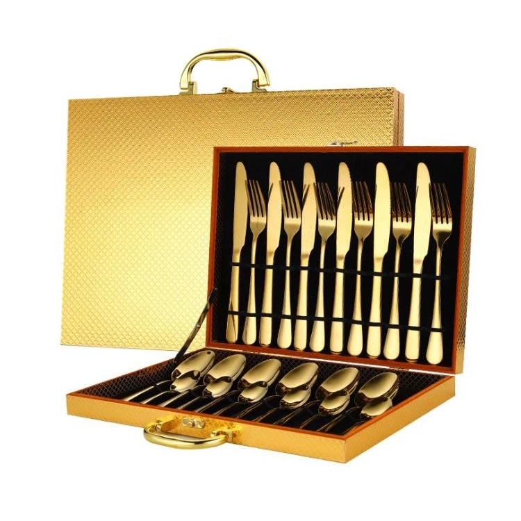 

Luxury 24 Piece Cutlery Sets Gold Silver Stainless Steel Flatware Silverware Set with Wooden Box, Silver/gold/black/rosegold/rainbowcolor