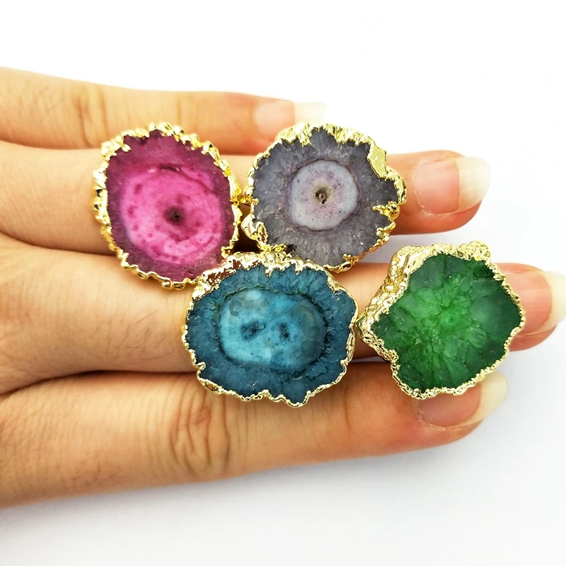 

Sell on Amazon FBA Natural Single Stone Solar Quartz Slice Ring Designs Wholesale Jewellery Adjustable Finger Rings Jewelry