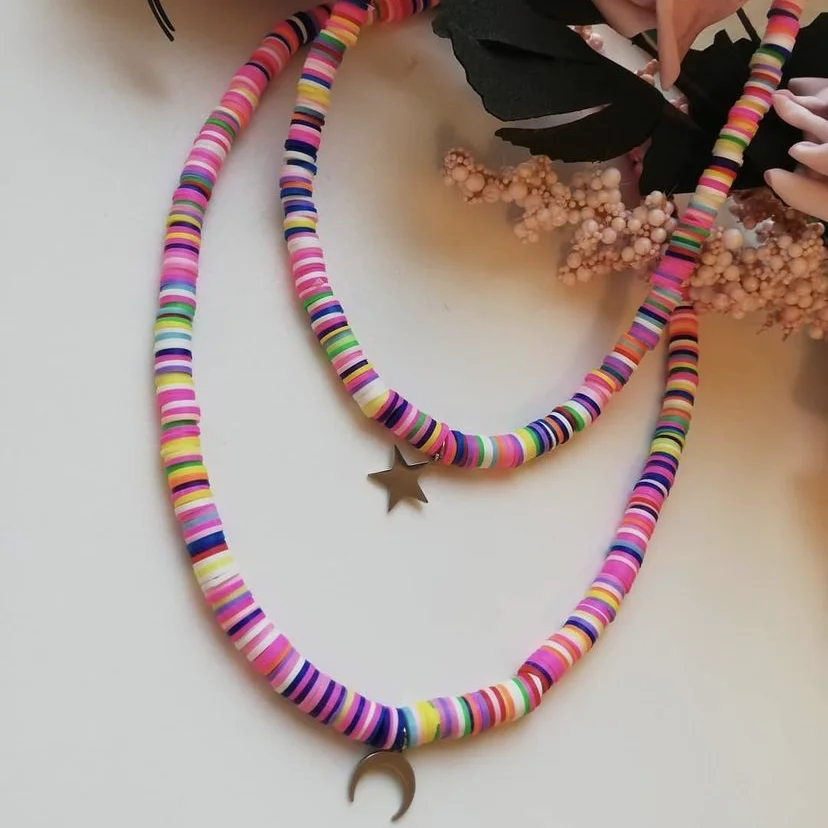 

Women 2021 Fashion Rainbow Boho Style Beach Jewelry Stainless Steel Moon Star Pendant Polymer Clay Disc Colorful Beaded Necklace