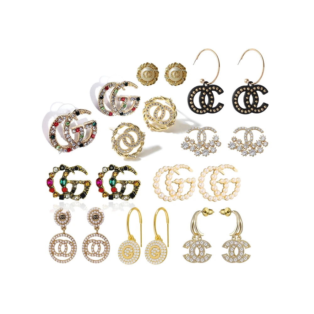 

2021 Popular Brand Designer Luxury Zirconia Earrings For Women Party 925 Silver Diamond Letter Design Big Round Earring, Gold/black