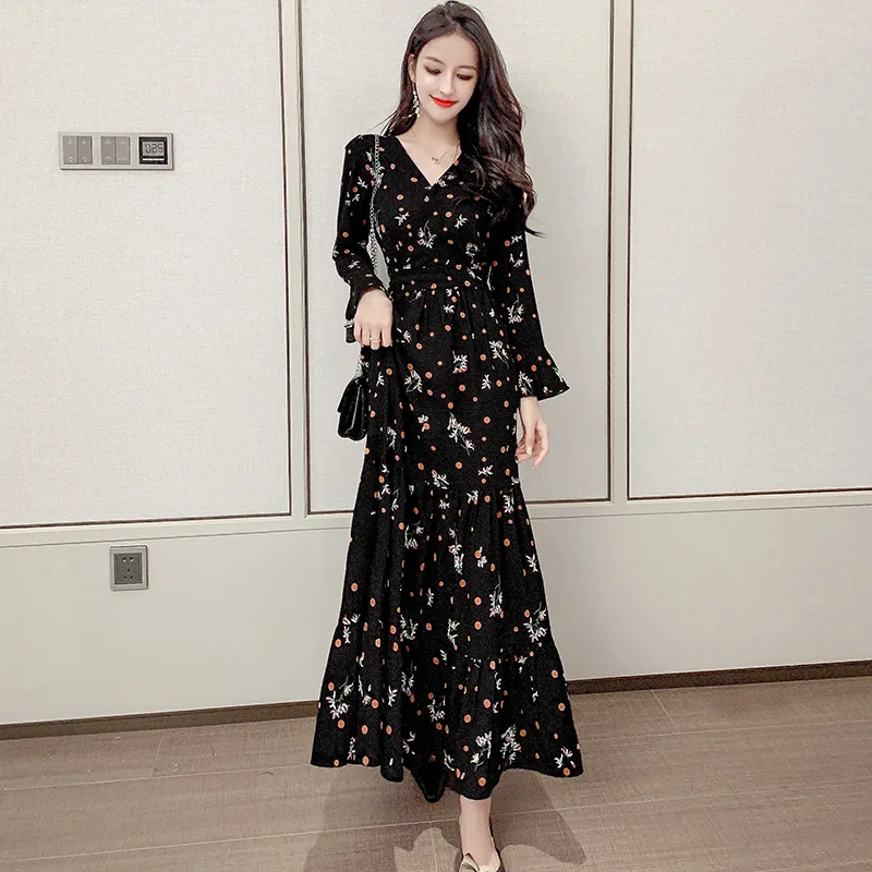 

Long Sleeve V-neck Casual Chiffon Floral Maxi Dresses Women Summer 2020