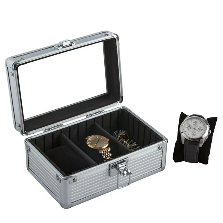 

Wholesale 3 Slot Silver Aluminum Watch Box Packaging Traveling Watch Collection Display Box Transparent Glass Cover