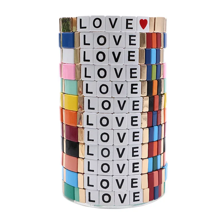 

Unisex Fashion Jewelry Elastic Letter Bracelet with Colorful Block Alloy Tile Beads Enamel for Parties and Gifts for Men Women