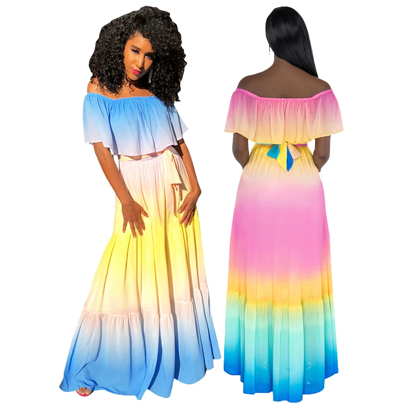 

2021 Amazon hot sale new off shoulder dresses slash collar chiffon dress Contrast Color short flare sleeve elegant dresses
