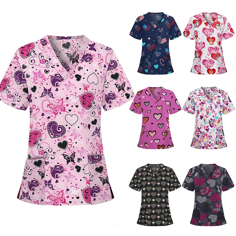 

plus size short sleeve 10 colors printing medical hospital Nurseing uniforms scrub top, Picture show