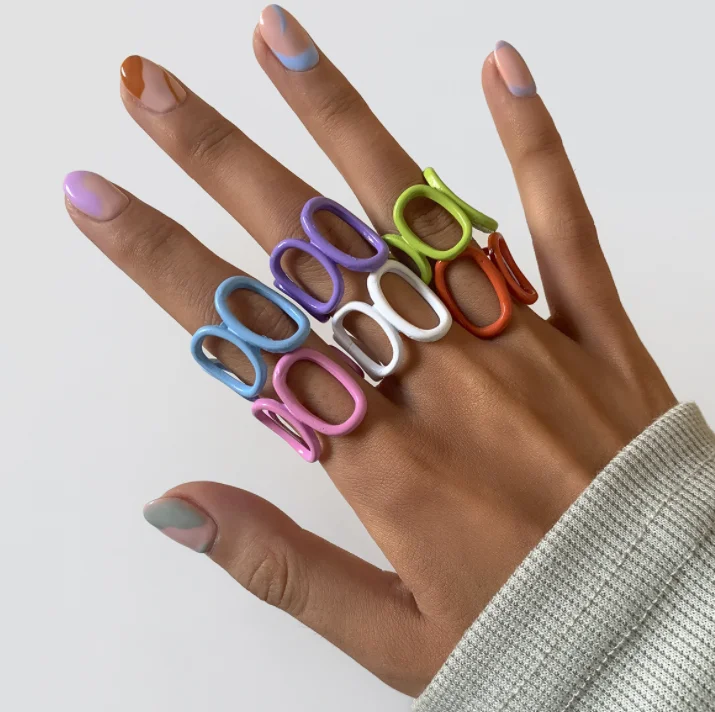 

European and American Creative Jewelry Color Hollow Geometric Ring Round Metal Punk Open Rings Set For Women, Customized color