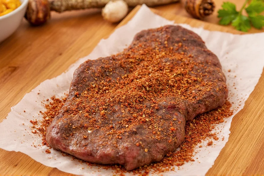 Person applying Montreal steak seasoning to a raw steak