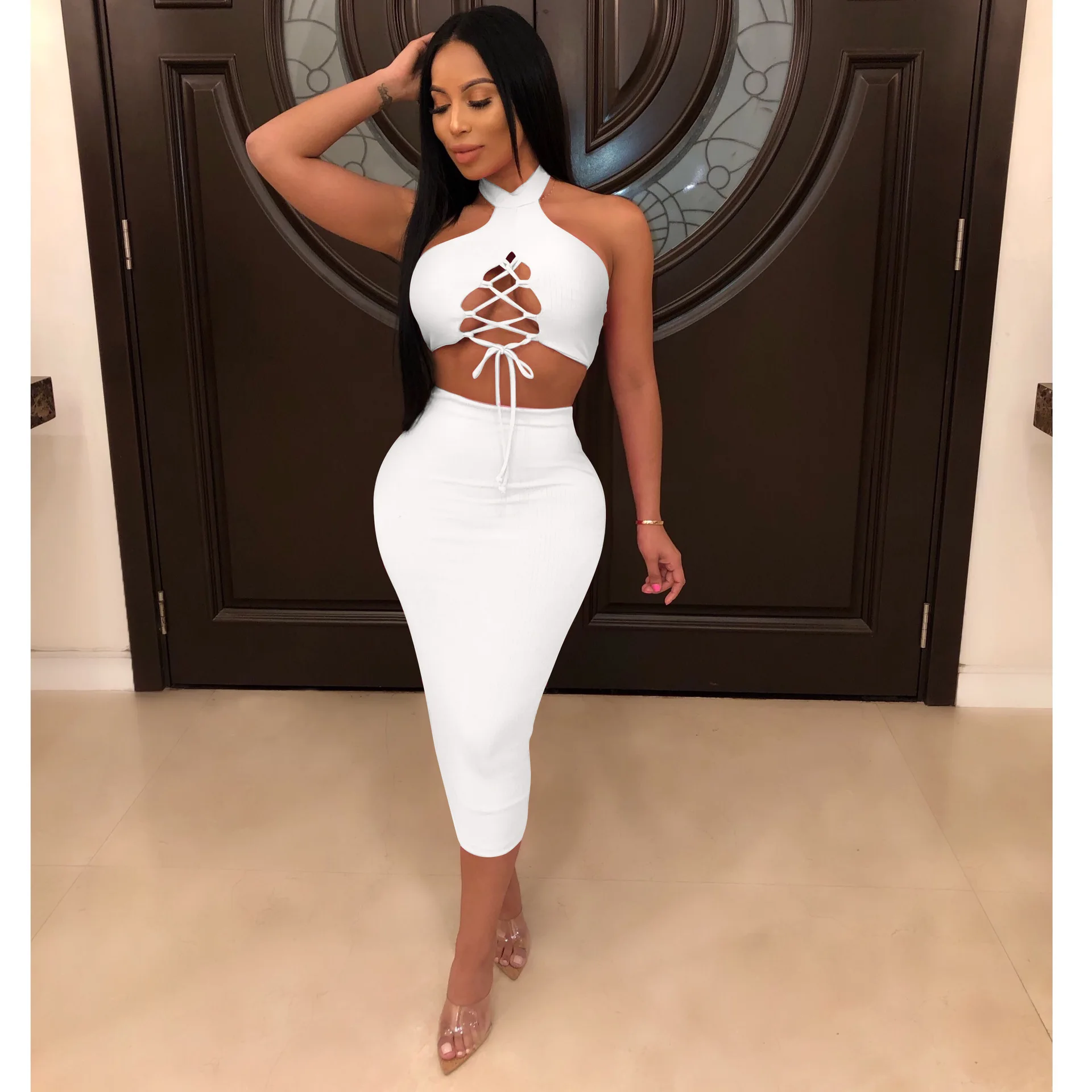 

Latest design women elegant crop top and bodycon skirt two-piece set