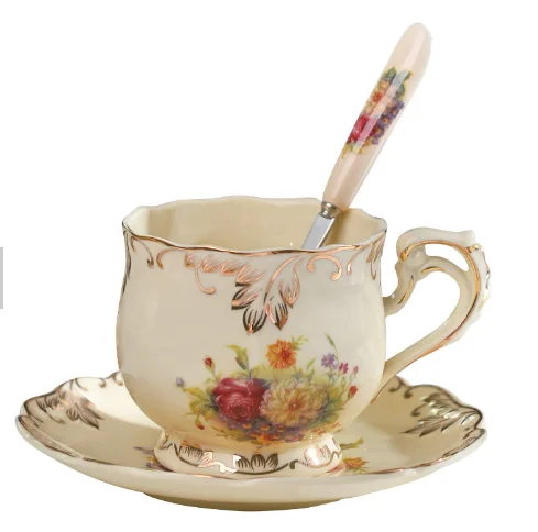 

Turkish High Quality Royal Luxury Coffee Mug Flower Printing Tea Cup Sets With Spoon, 2 colors