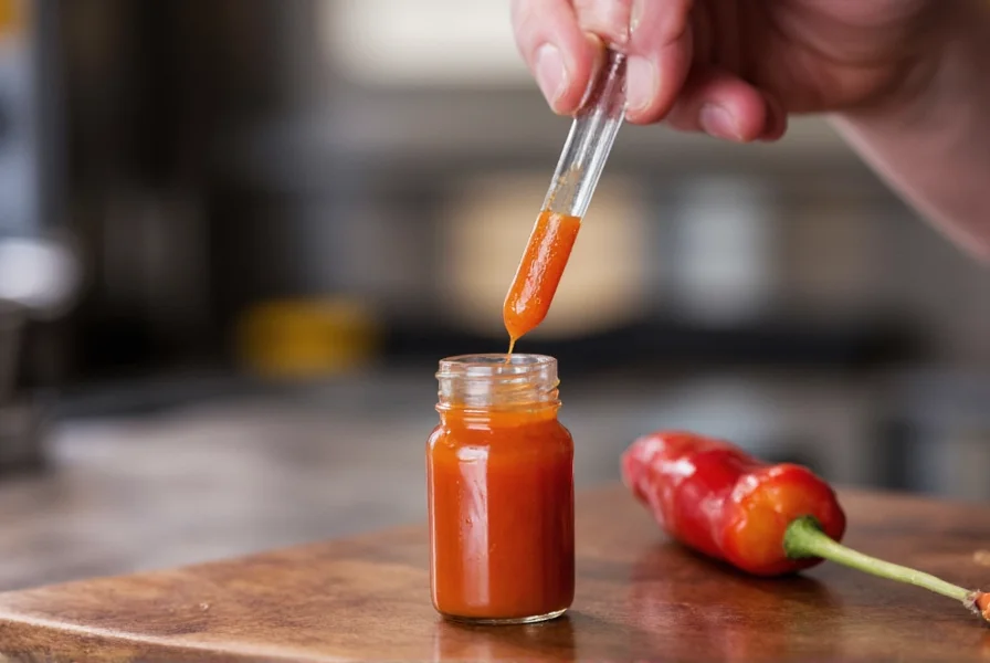 Chef carefully measuring tiny amount of Carolina Reaper extract for hot sauce formulation