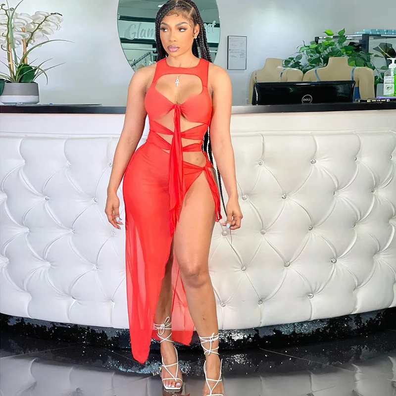 

2021 new arrivals summer collection hollow out design women long mesh sexy dresses