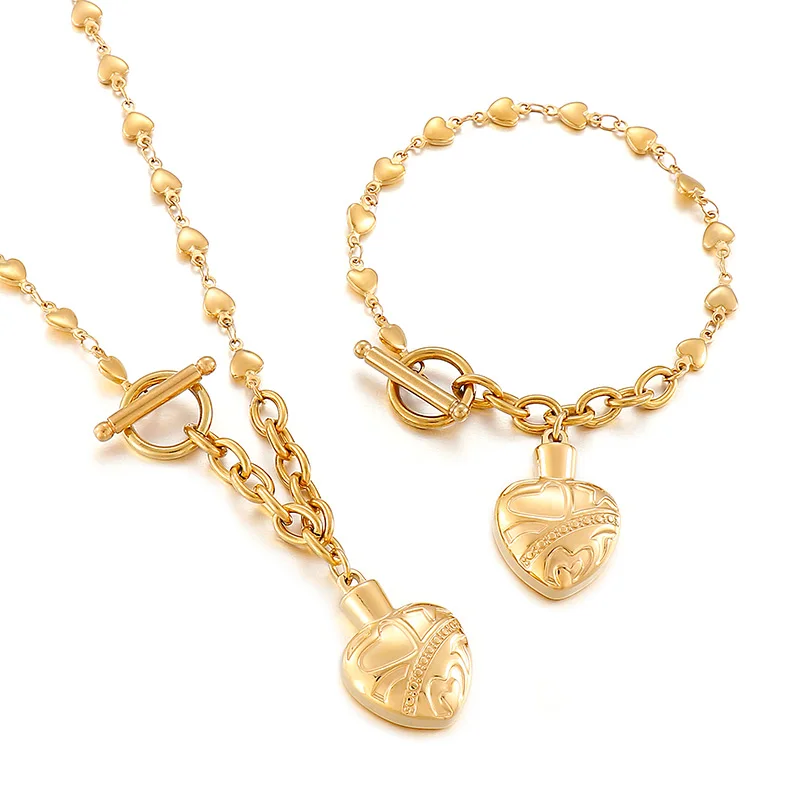 

Kalen Wholesale Link Heart Chain Gold Plating Pendant OT Button Bracelets Necklaces Women Stainless Steel Jewelry Heart Sets