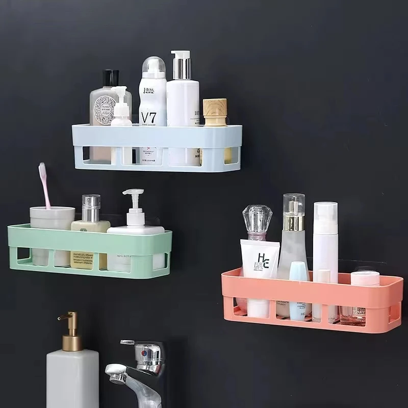 

Plastic Bathroom Storage Shelf Wall Hanging Multifunct Self Adhesive Bathroom Cosmetic Shelf Rack Shower Shampoo Soap Organizer