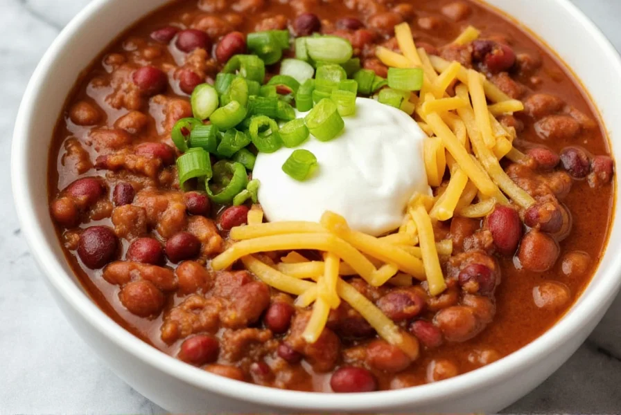 Finished chili and beans served in bowl with various toppings including cheese, sour cream, and green onions