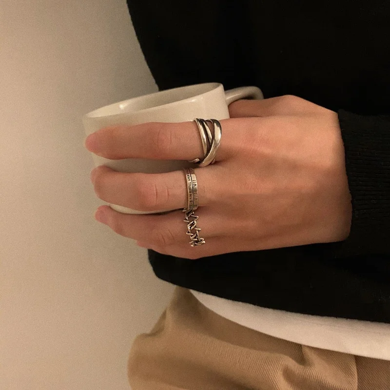 

Simple Retro Roman Digital Six Pointed Star Resizable Ring Female Student Hip Hop Ins Opening Adjustable Index Finger Rings, Silver color