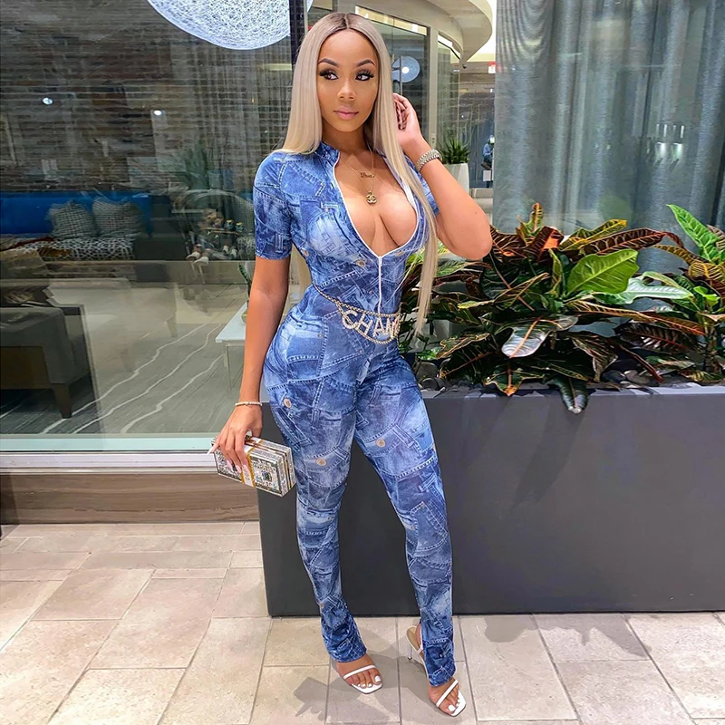 

CUTENOVA K20880J Tie-dye Denim Printed Jumpsuit 2021 Fashion Women Close-fitting Sexy One Peice Jumpsuit